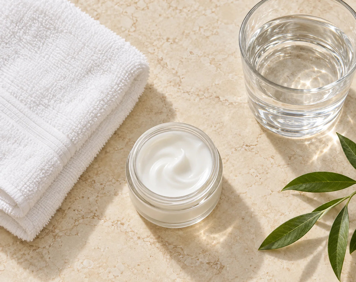 Neutral skincare still life with an unlabeled moisturizer jar, white towel, water glass and green leaves.