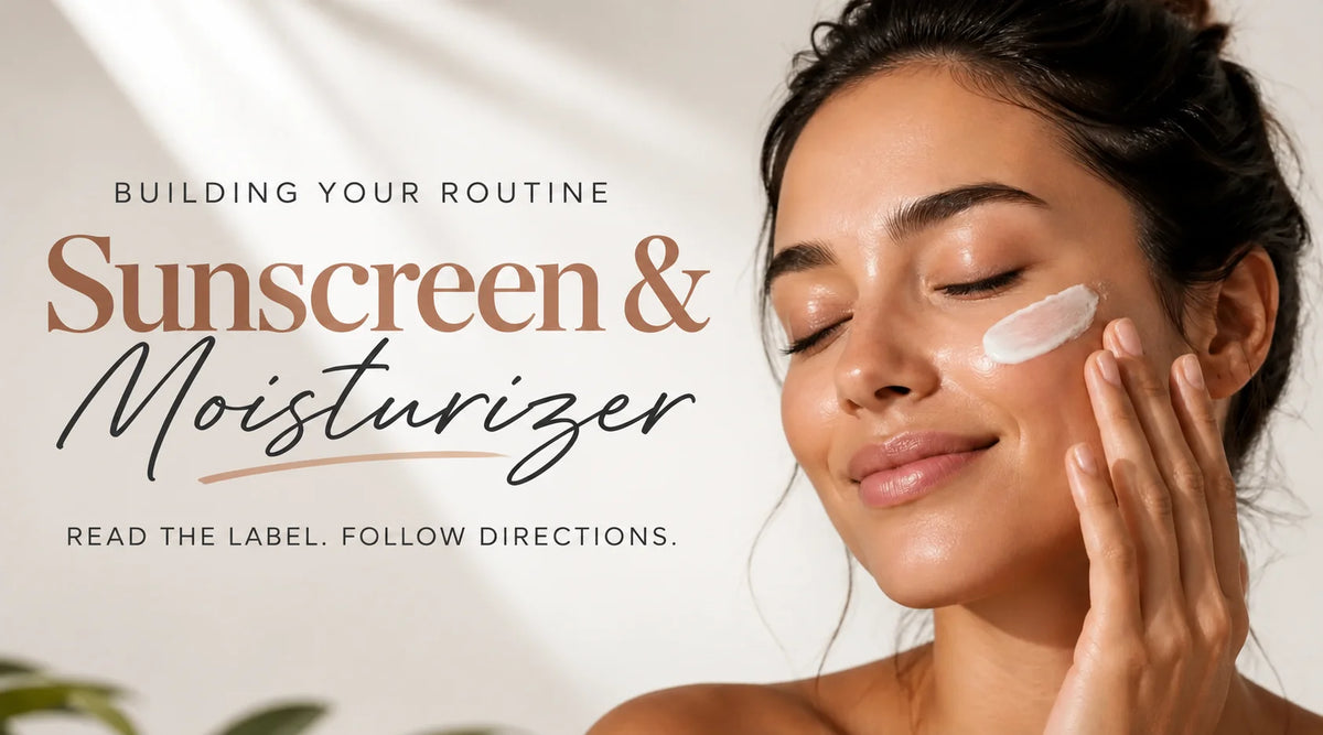 Woman applying moisturizer beside the words Sunscreen & Moisturizer and Read the label. Follow directions.