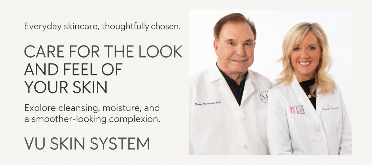 VU Skin System banner with Dr. Marion Vujevich and Christine and cosmetic skincare copy about cleansing, moisture and a smoother-looking complexion.