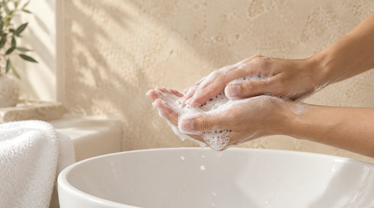 Hands lathering cleanser over a white basin in a neutral bathroom setting.