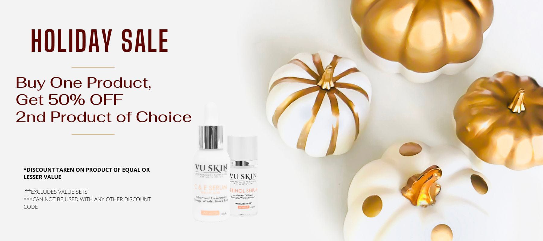 Decorative pumpkins with holiday sale text and skincare products on a white background